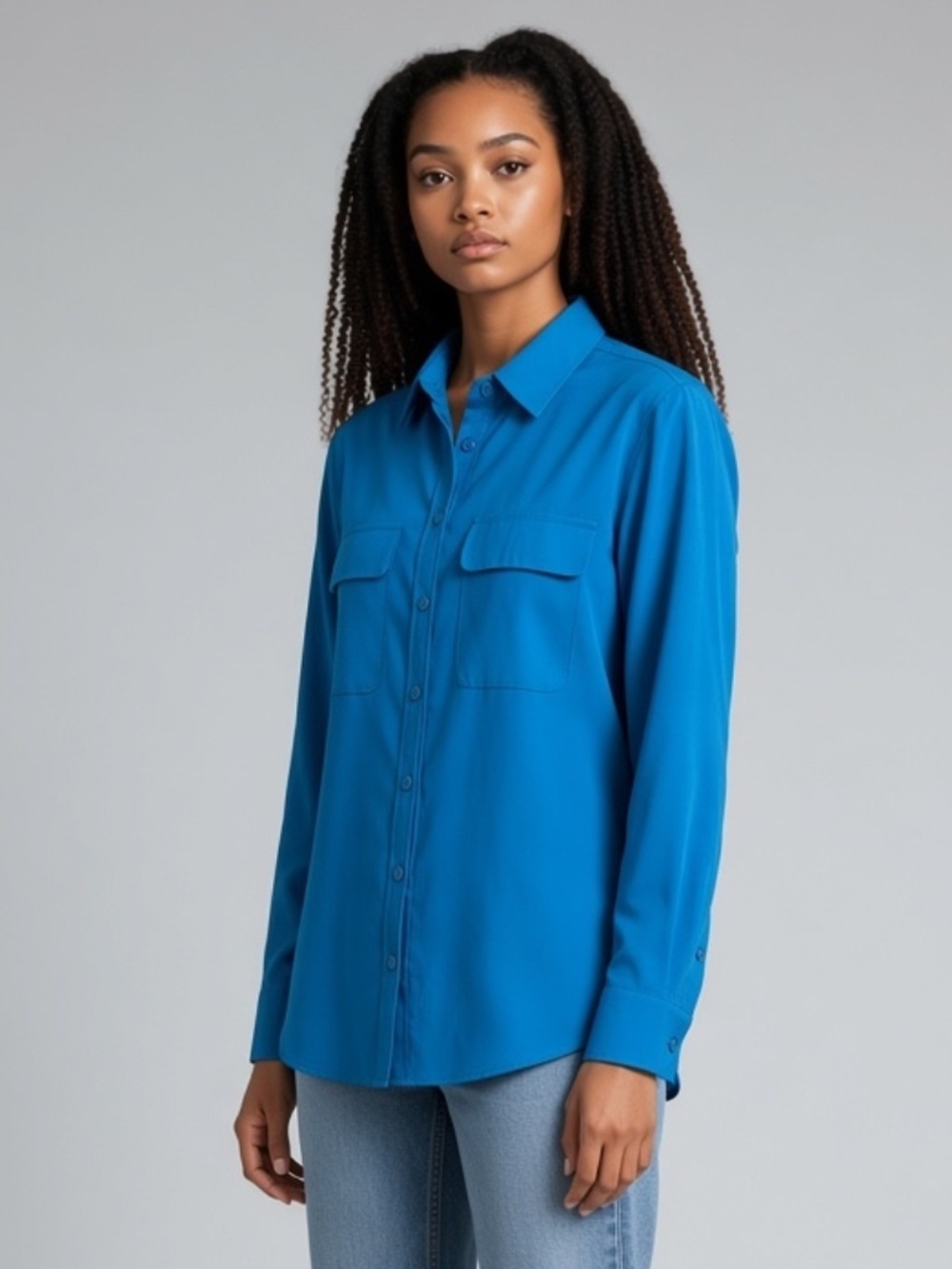 EUC Le Chateau Women’s Turquoise Blue Long-Sleeve Buttoned Utility Blouse Small